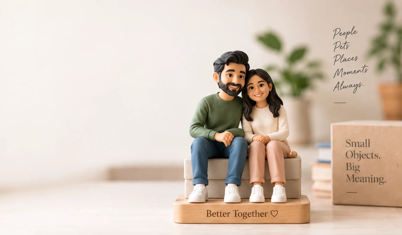 Personalized couple figurine on a wooden base engraved Better Together, beside a gift box reading Small Objects. Big Meaning.