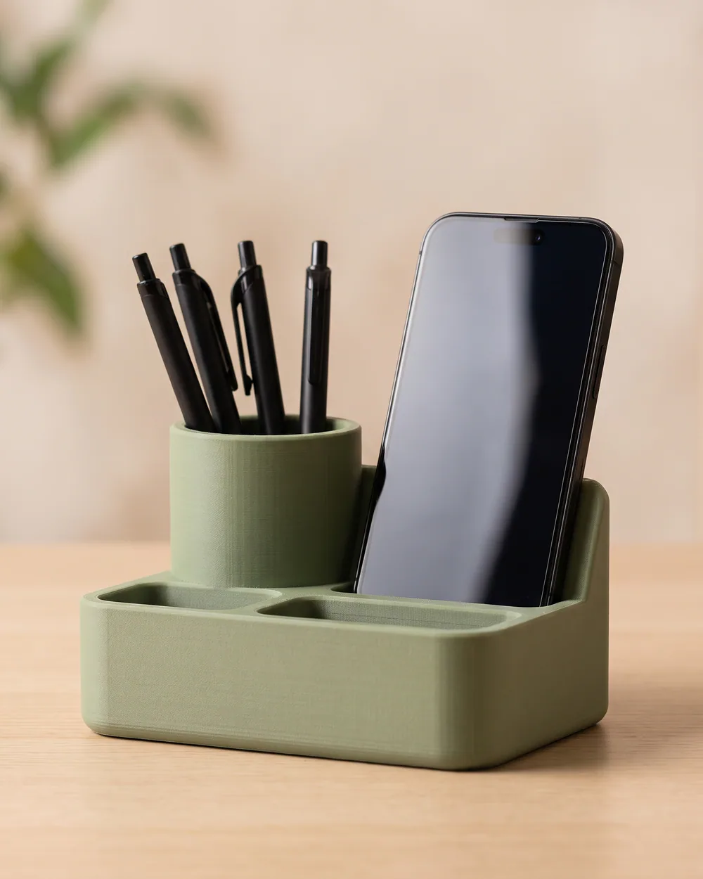 Desk & Tech collection with a sage desk organizer, pens and phone — AI concept render