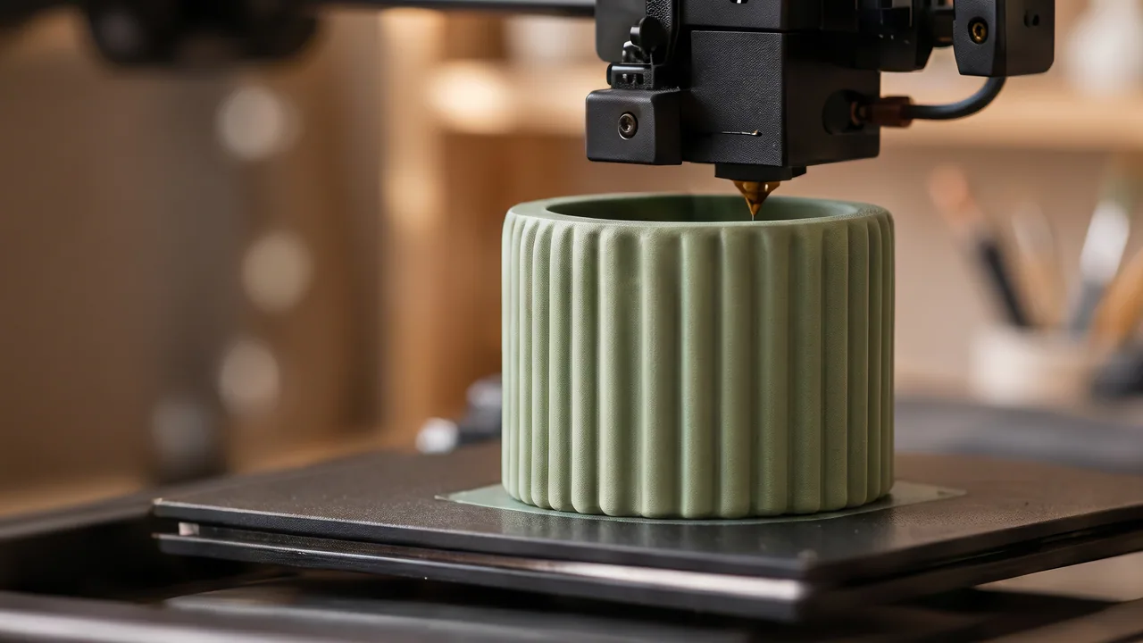 A sage ribbed planter beneath a printer nozzle on a dark print bed — AI concept render