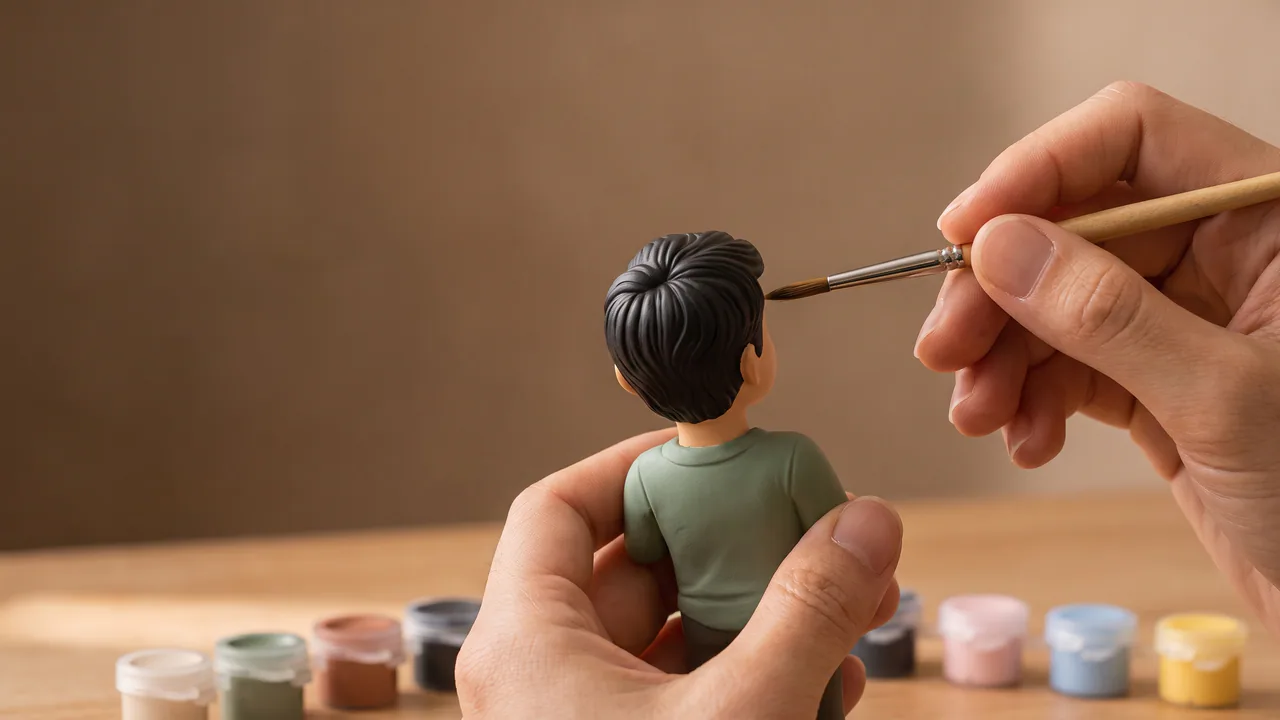Hands carefully painting the sculpted hair of a sage-shirted keepsake figure — AI concept render