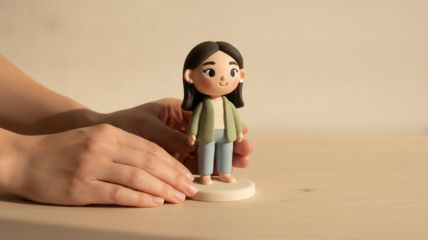 Hands holding a smiling personalized figurine with painted eyes, eyebrows and sculpted hair — AI concept render