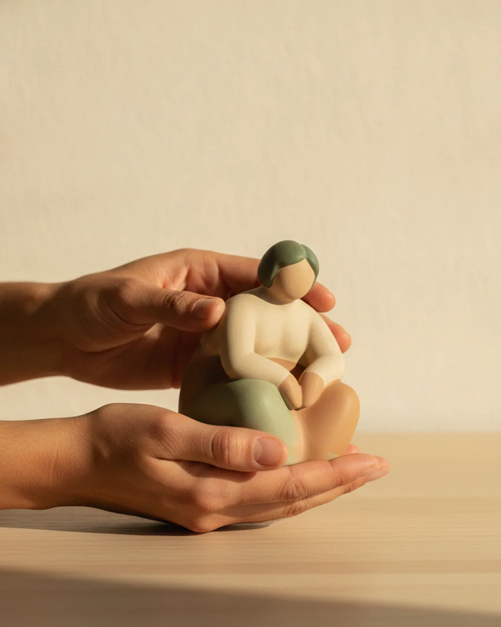 Hands holding a small personalized figurine over a pale timber table — AI concept render