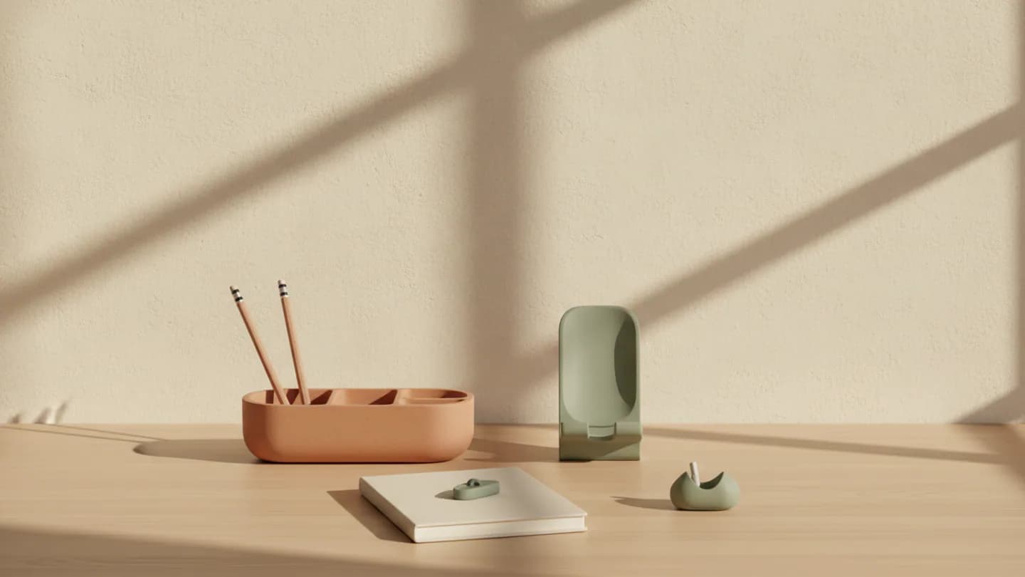 A clay desk organiser, sage phone stand and cream notebook on a sunlit pale oak desk — AI concept render