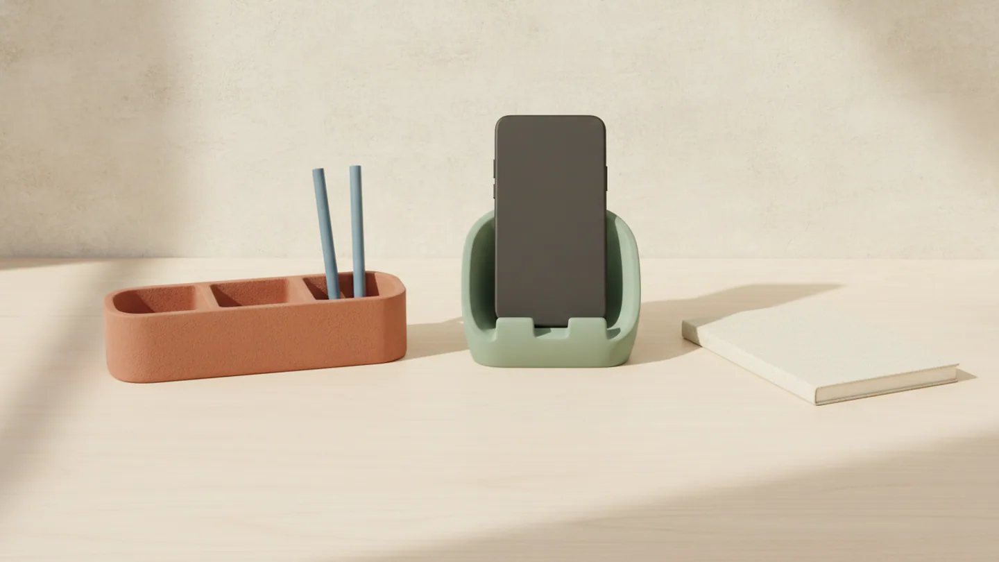 A desk organiser, phone dock and closed notebook on a warm timber desk — AI concept render