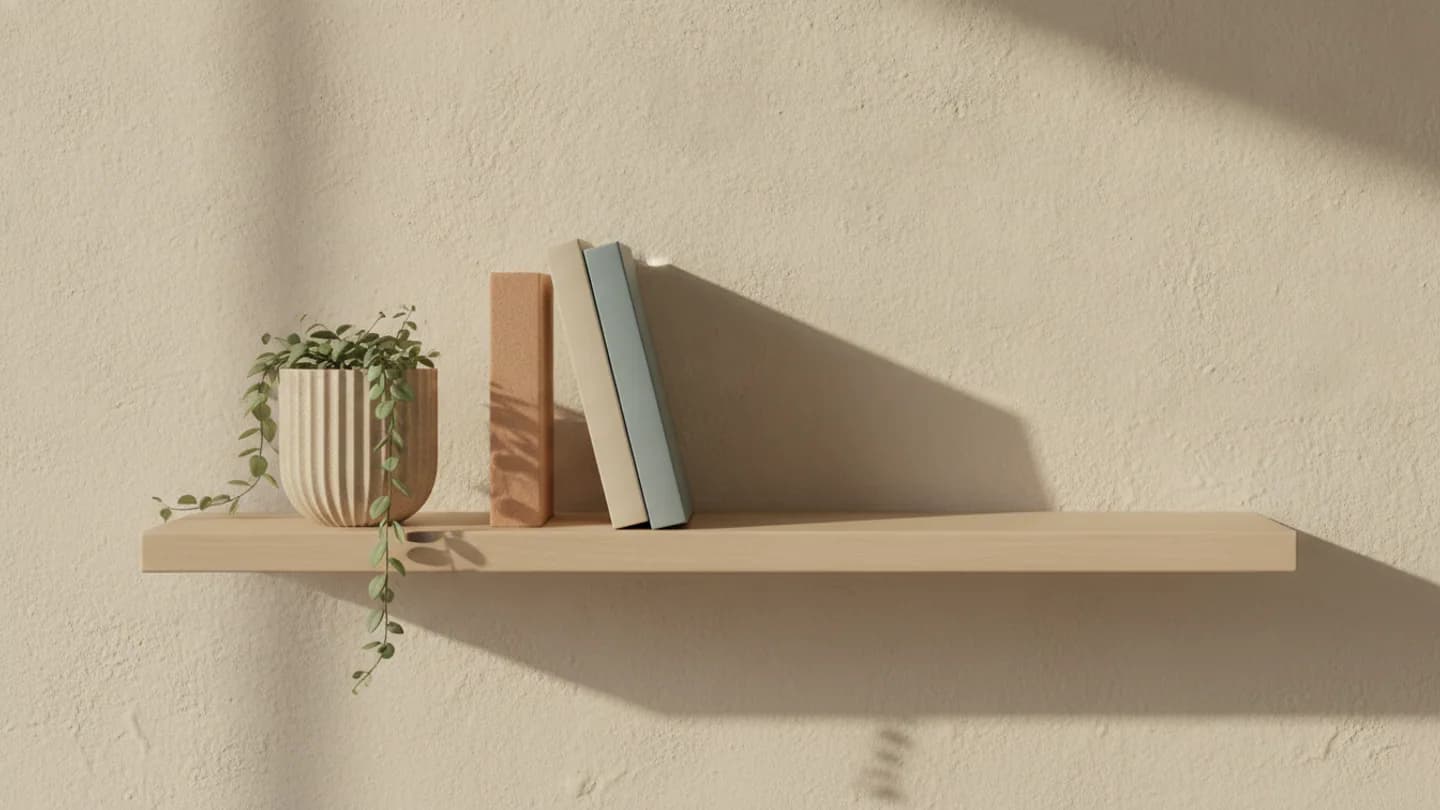 A ribbed planter, a bookend and books on a pale timber shelf in daylight — AI concept render