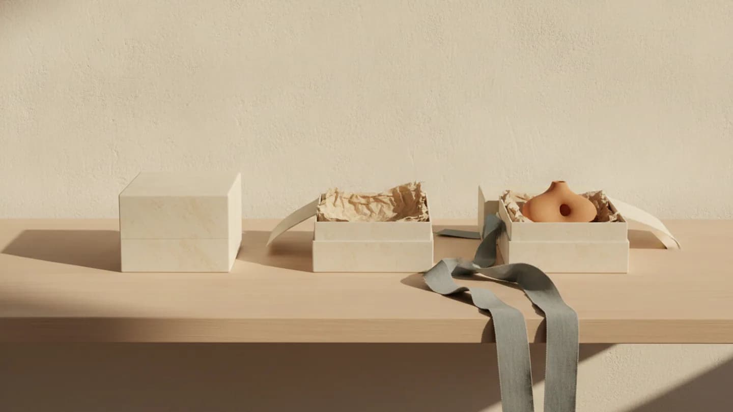 Three unbranded oatmeal gift boxes at different stages of wrapping on a timber table — AI concept render