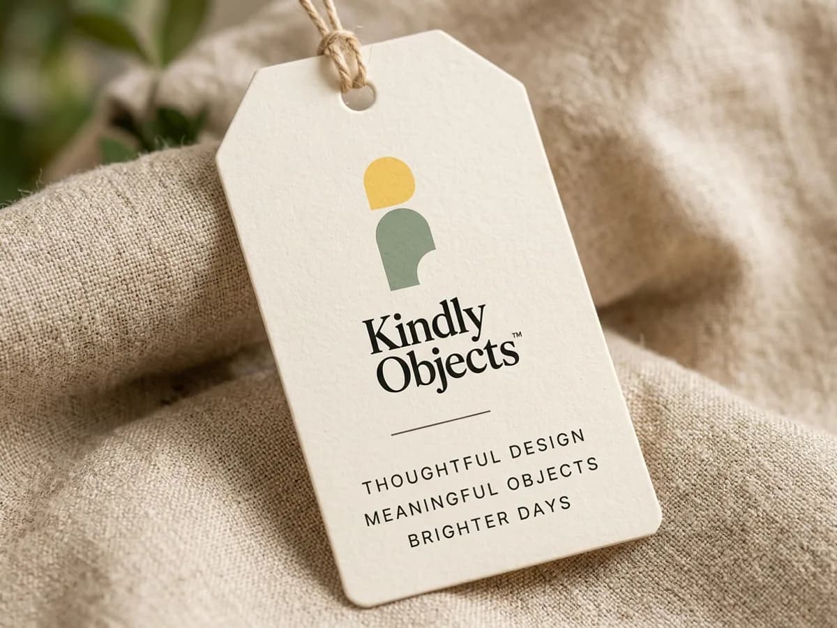 Textured hang tag with the Kindly Objects icon, wordmark and brand values — AI concept render