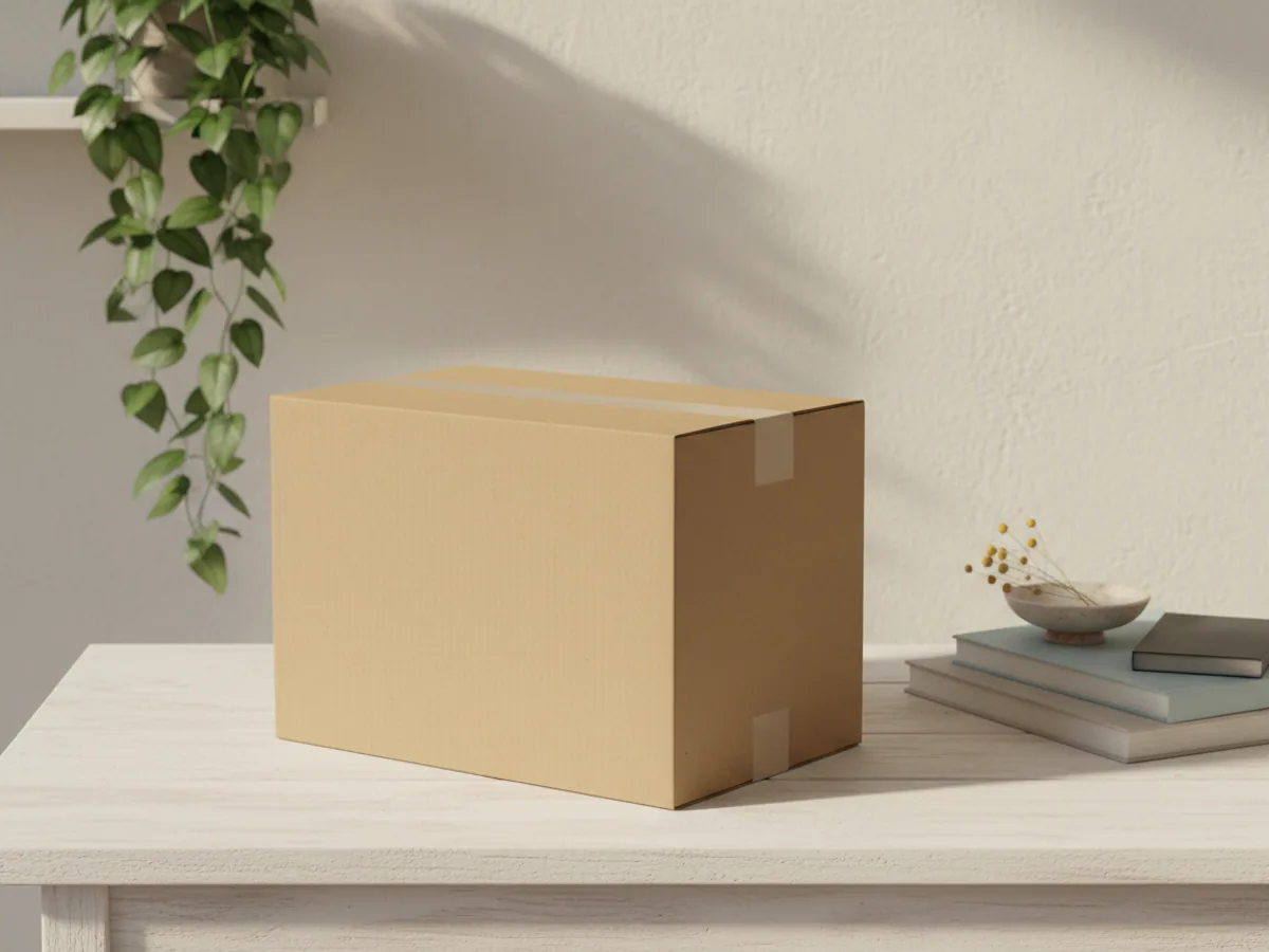 A plain kraft shipping box closed on a pale timber table — AI concept render