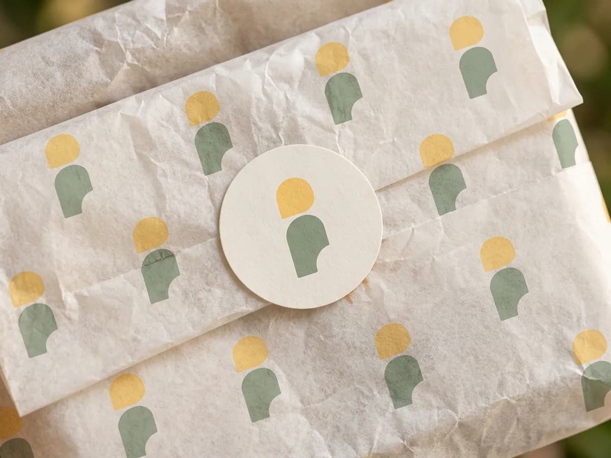 White tissue paper with repeated Kindly Objects icons and a matching round seal — AI concept render