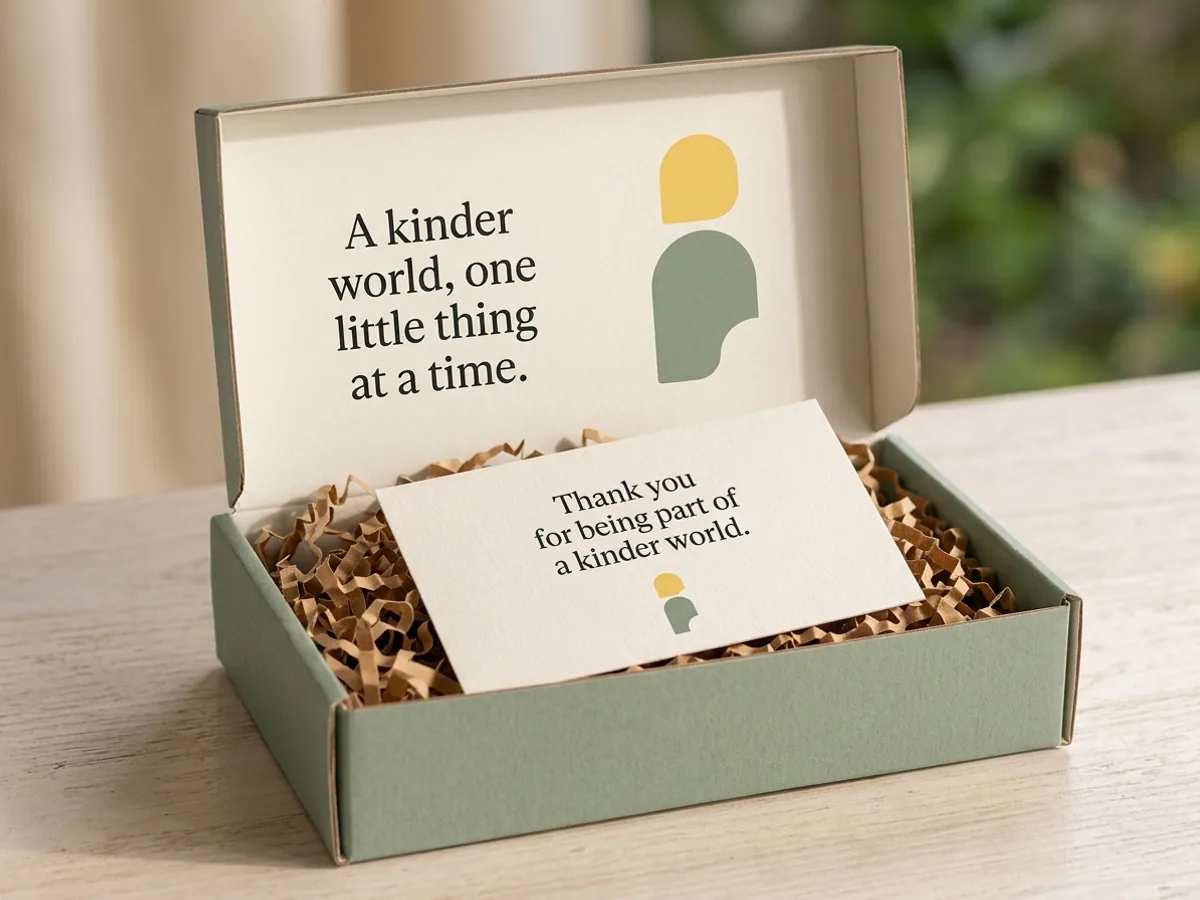 Open gift box with printed Kindly Objects icon and thank-you card — AI concept render