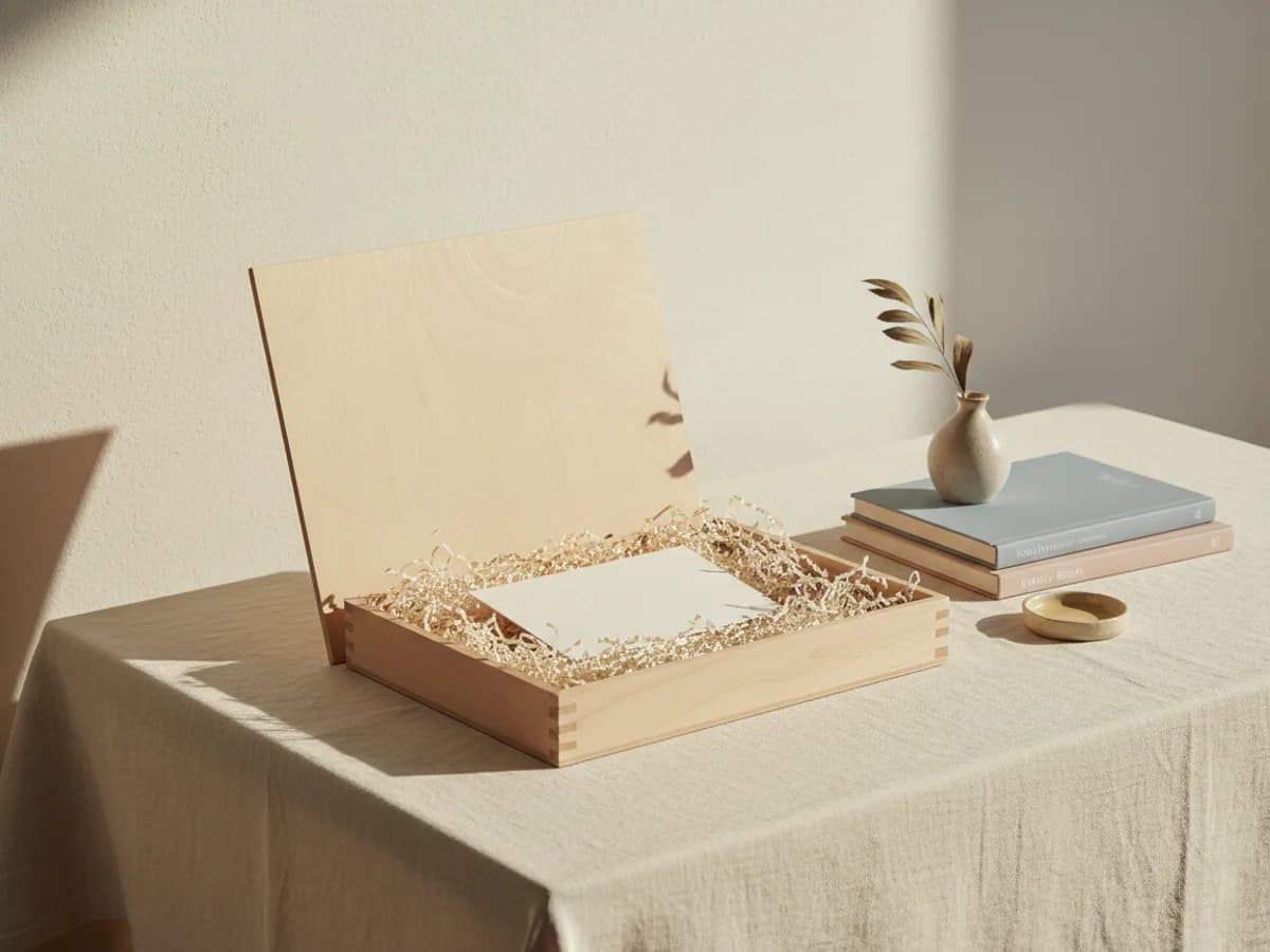 An open box with paper shred and a small blank card inside — AI concept render