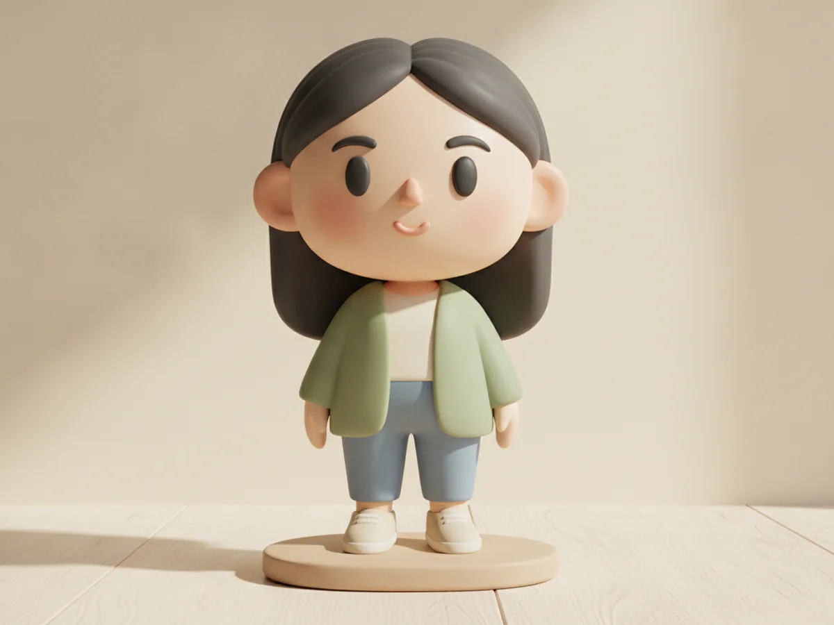 Front view of a smiling woman figurine in a sage cardigan, with clearly painted facial features — AI concept render