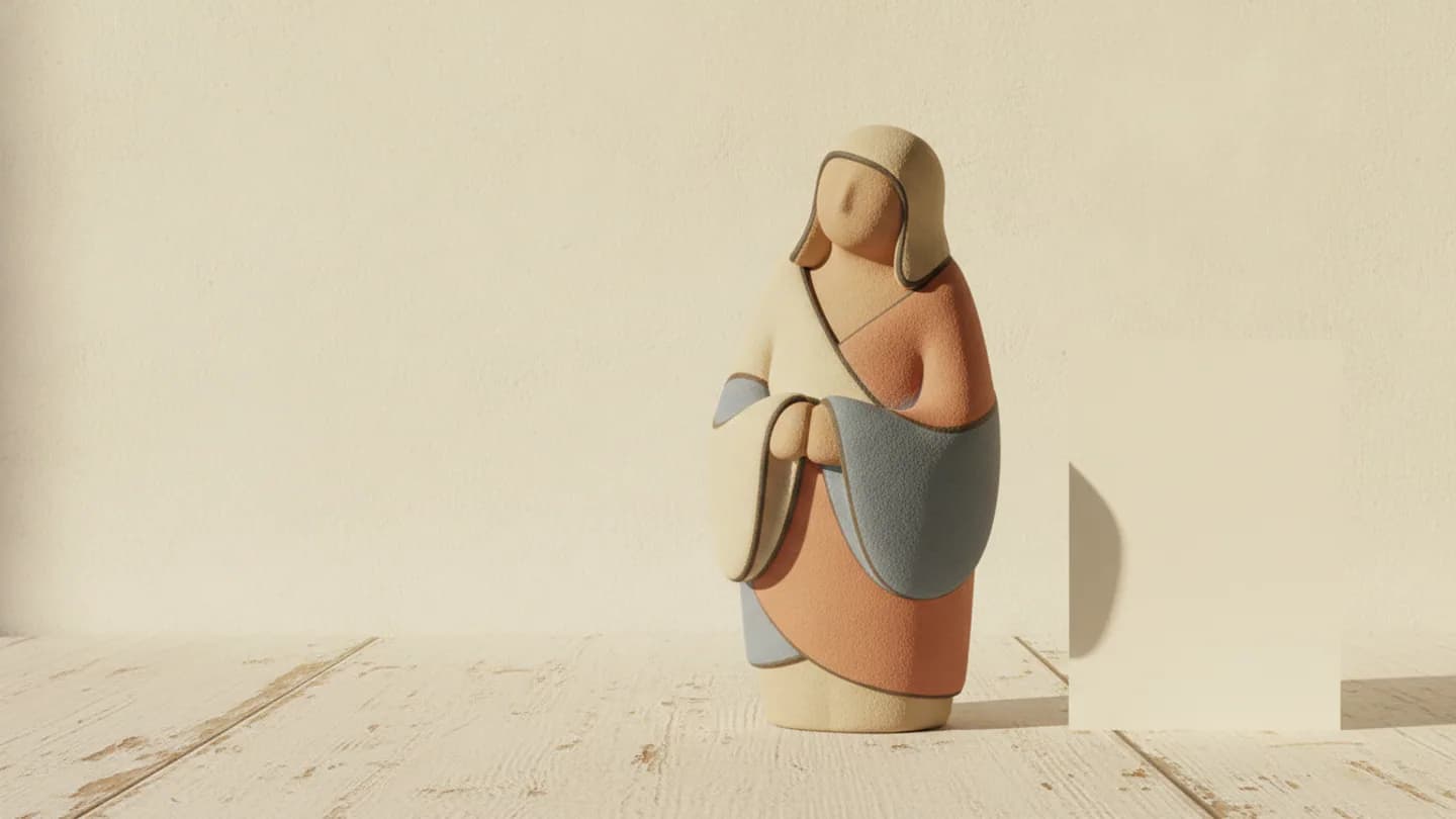 A stylised collectible figurine on a pale timber table beside an empty cream card, lit from one side — AI concept render