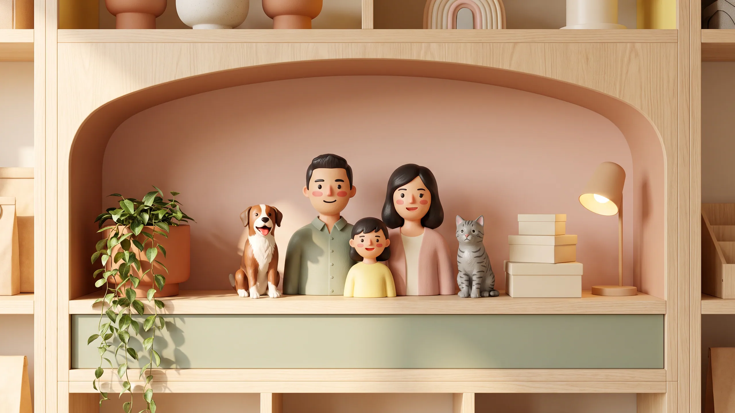 A detailed concept store display with smiling family figurines, expressive dog and cat figurines, and cream gift boxes on pale timber shelving — AI concept render