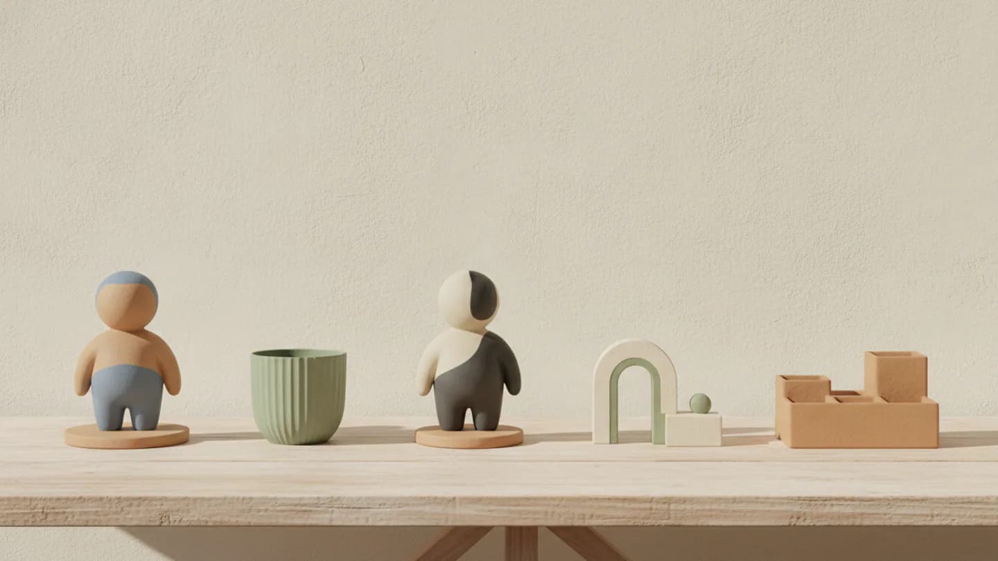 A row of finished objects and figurines arranged on a long limewash-lit table — AI concept render