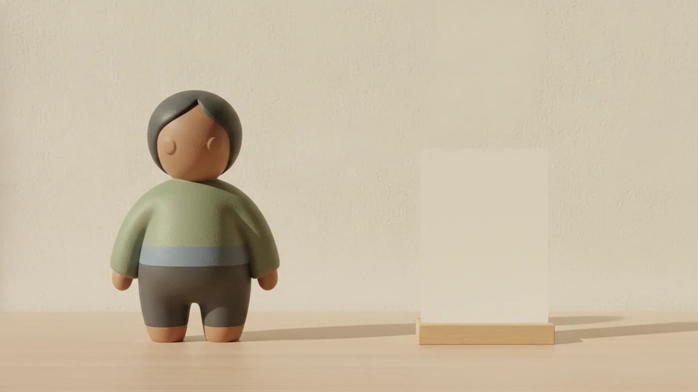 A stylised figurine beside a blank cream card of the same height on a timber table — AI concept render